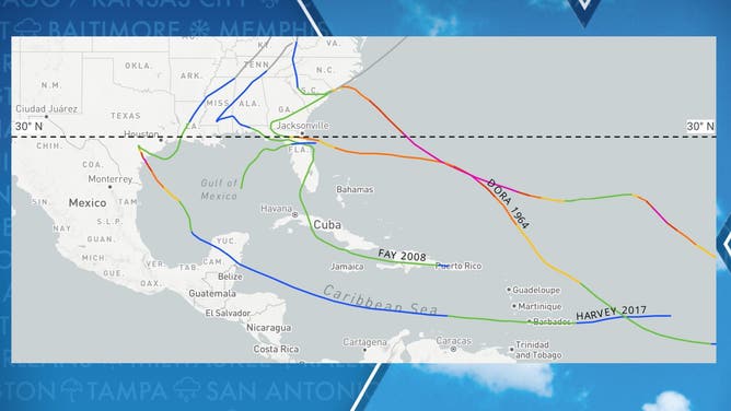 Examples of tropical systems that slowed down and even stalled around 30 degrees North latitude