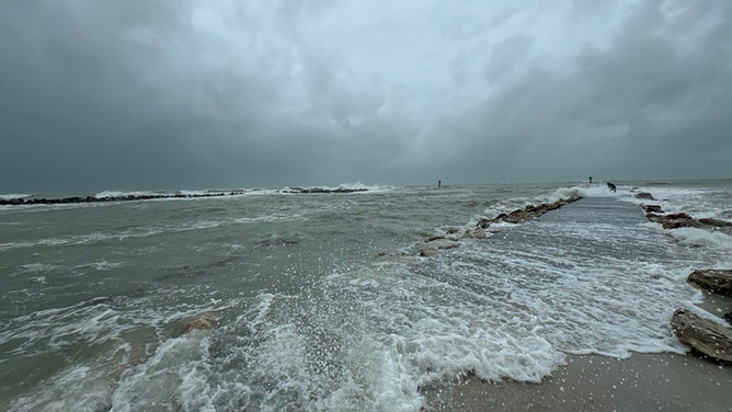 Waves were crashing ashore Sunday afternoon in North Jetty Park, Florida, as Hurricane Debby approached the Big Bend shorelines.