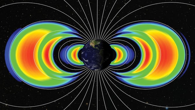 A graphic and image showing the giant, donut-shaped rings of particles called the Van Allen Belts surrounding Earth and the additional temporary belts added after May's solar storm.