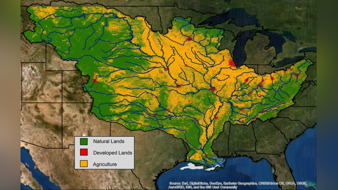 The Mississippi River watershed, which encompasses over 40% of the continental U.S and crosses 22 state boundaries, is made up of farms (yellow), cities (red), and natural lands (green). Nitrogen and phosphorus pollution in runoff and discharges from agricultural and urban areas are the major contributors to the annual summer hypoxic dead zone in the Gulf of Mexico (gray).