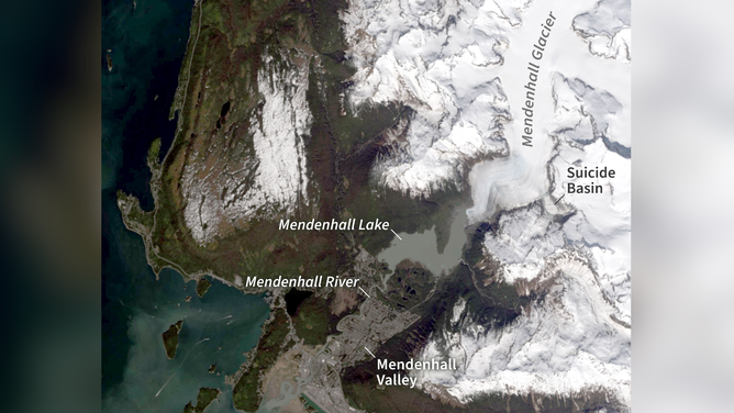 Map showing locations of Mendenhall Valley, Mendenhall River, Mendenhall Lake, Mendenhall Glacier and Suicide Basin.