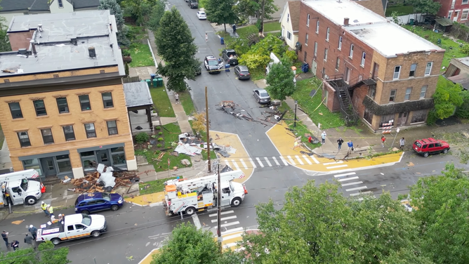 Damage caused by an EF-1 tornado in downtown Buffalo, New York on Monday, August 5, 2024.