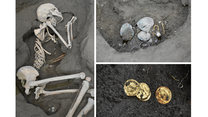 The woman's remains, with close-up shots of coins and jewelry that were found near her.