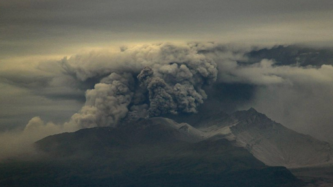 The ash plume from the Shiveluch volcano in Russia on Aug. 18, 2024.