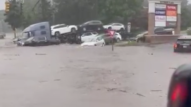 Flooding at Southbury Plaza in Southbury, Connecticut, on August 18, 2024.