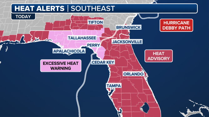 This graphic shows the Heat Alerts in effect in the Southeast on Thursday, Aug. 8, 2024.