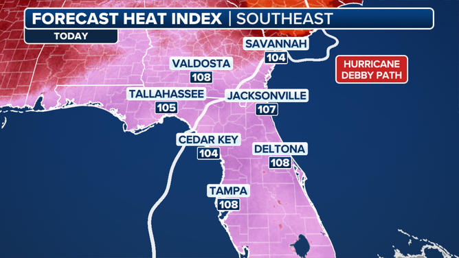 This graphic shows the forecast "feels-like" temperatures in the Southeast on Thursday, Aug. 8, 2024.