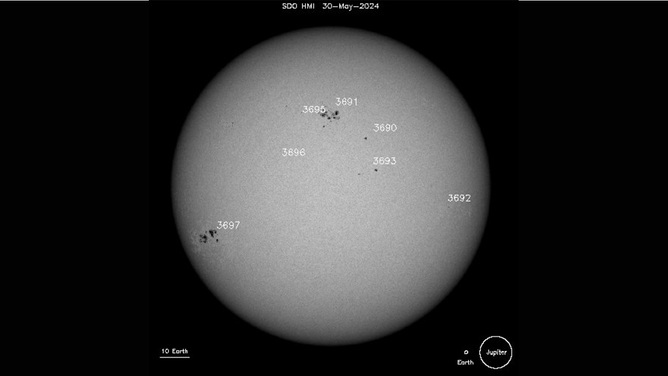 Active sunspot regions seen on NASA's SDO satellite on Aug. 1, 2024.