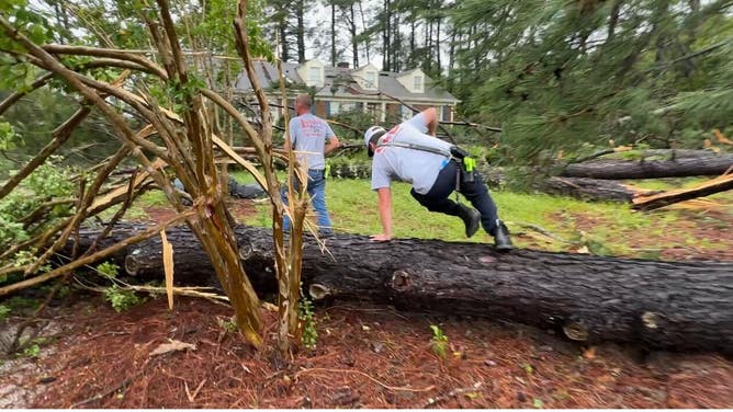 Wilson County, North Carolina first responders check on a home in Lucama after an apparent tornado hit on Aug. 8, 2024 after Tropical Storm Debby's landfall.