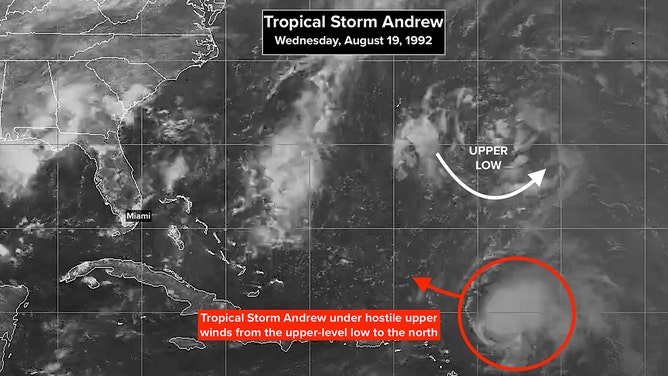 On this day 32 years ago, Tropical Storm Andrew was just a big smudge on the satellite.