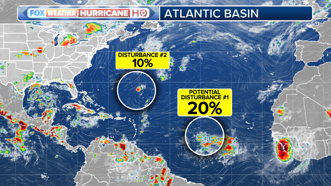 This graphic shows the areas to watch in the tropical Atlantic Ocean on Wednesday, Aug. 28, 2024.