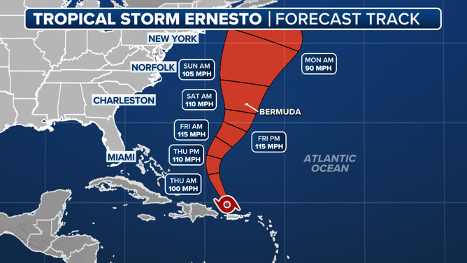 The forecast track for Tropical Storm Ernesto.