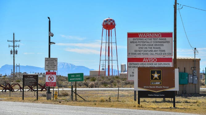 A view of the entrance of White Sands Missile Range where Trinity test site is located, near White Sands, New Mexico on February 21, 2024. The events of 5:30 am on July 16, 1945, when the world's first atomic bomob exploded, are now best known to millions from their dramatic re-enactment in the Oscar-tipped movie "Oppenheimer." The film presents the Trinity test site as a vast, empty desert, but thousands of people lived within a 50-mile radius of the site.