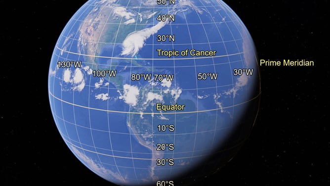 Map showing Tropical Storm Debby and the location of latitude lines.