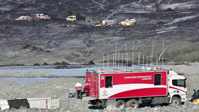 This image shows the response after a partial ice cave collapse in Iceland on Sunday, Aug. 25, 2024.