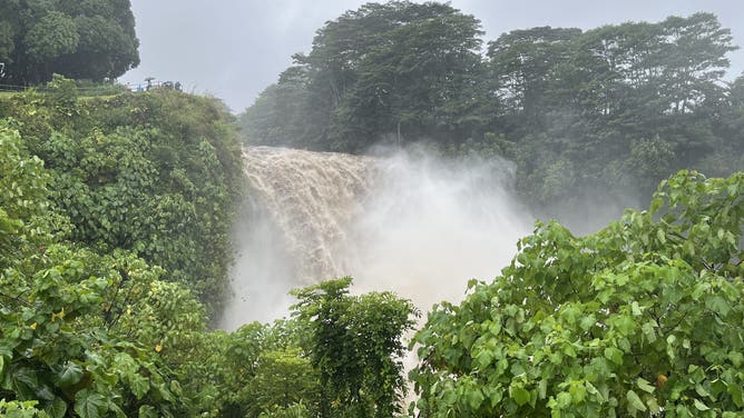 Rainbow Falls in Hilo, Hawaii on Sunday, Aug, 25, 2024 after Hurricane Hone brought torrential rain to the island.