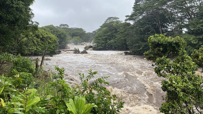 Rainbow Falls in Hilo, Hawaii on Sunday, Aug, 25, 2024 after Hurricane Hone brought torrential rain to the island.