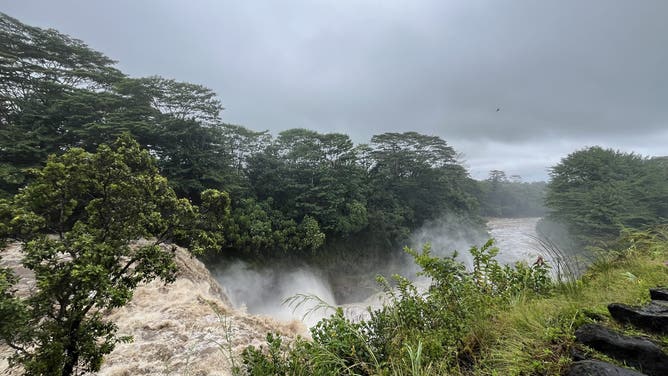 Rainbow Falls in Hilo, Hawaii on Sunday, Aug, 25, 2024 after Hurricane Hone brought torrential rain to the island.