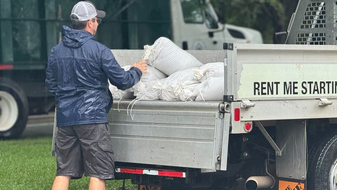 Residents pack sandbags in Charleston, South Carolina on Monday, August 5, 2024 in preparation for Tropical Storm Debby's winds and rain.