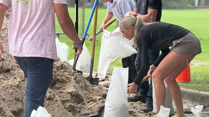Residents pack sandbags in Charleston, South Carolina on Monday, August 5, 2024 in preparation for Tropical Storm Debby's winds and rain.