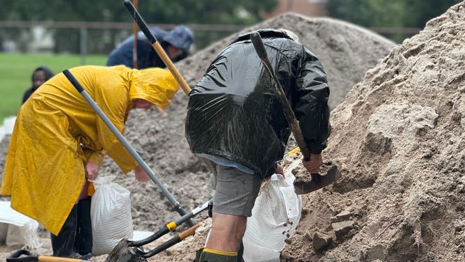 Residents pack sandbags in Charleston, South Carolina on Monday, August 5, 2024 in preparation for Tropical Storm Debby's winds and rain.