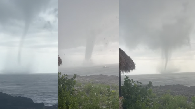 Three photos edited together show different phases of the waterspout on Aug. 18, 2024 in Negril, Jamaica.