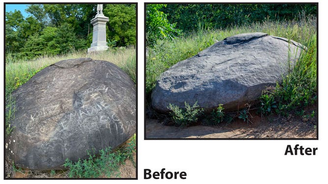 The National Park Service shared a photo showing before and after graffiti was removed from Little Round Top boulder at Gettysburg National Military Park in Pennsylvania.