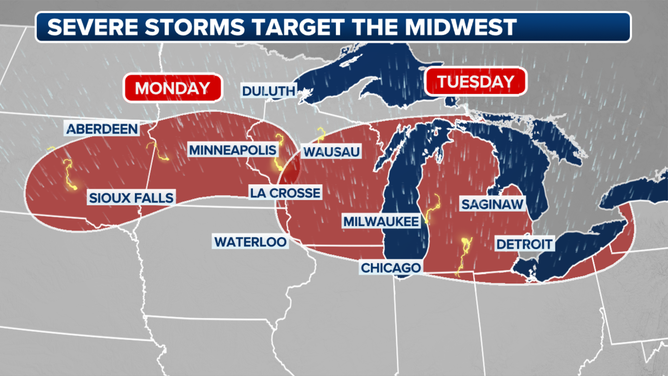 Severe weather is expected in the Midwest on both Monday and Tuesday.