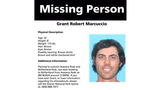 Grant Marcuccio was last seen on Sunday, Aug. 18, 2024 in Glacier National Park.