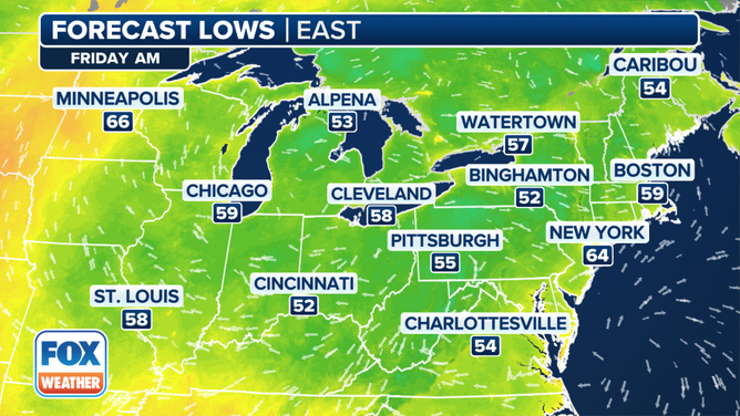 This graphic shows the forecast low temperatures on Friday, Aug. 23, 2024.