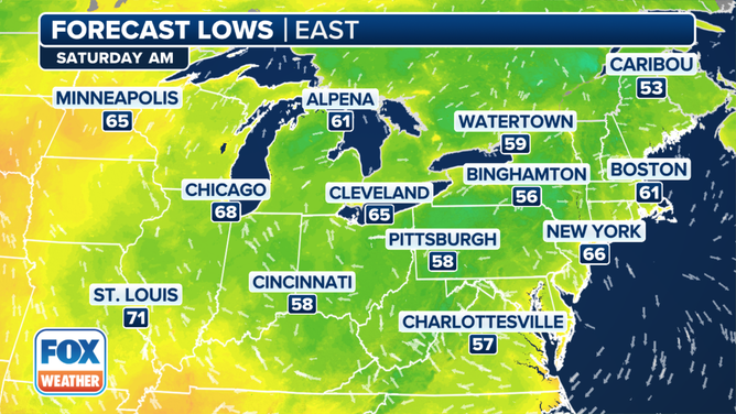 This graphic shows the forecast low temperatures on Saturday, Aug. 24, 2024.