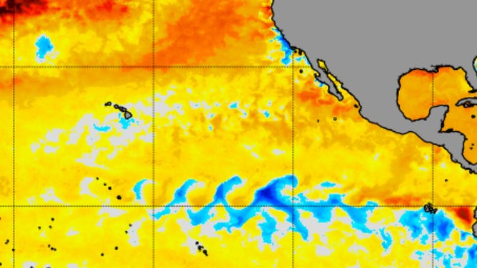 Blue colors indicate waters that are cooler than average while yellow and orange colors indicate temperatures that are above average