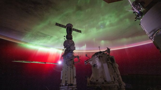 A photo of Aurora lights taken from the International Space Station by NASA astronaut Matthew Dominick. 