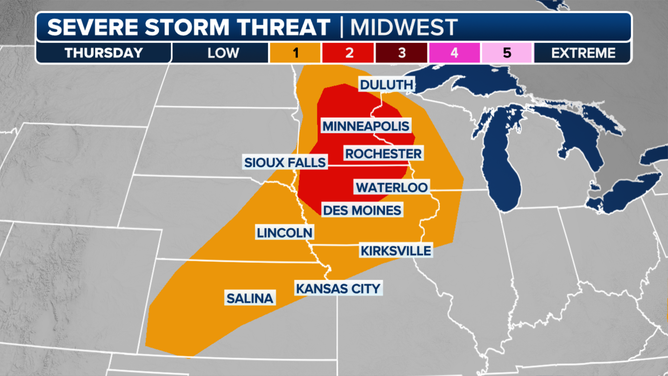 This graph shows the threat of extreme weather on Thursday, August 29, 2024.