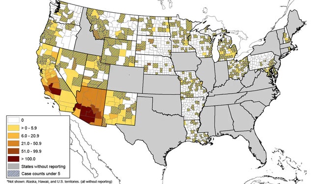 Average incidence of reported Valley fever per 100,000 people, by county, during 2011–2017