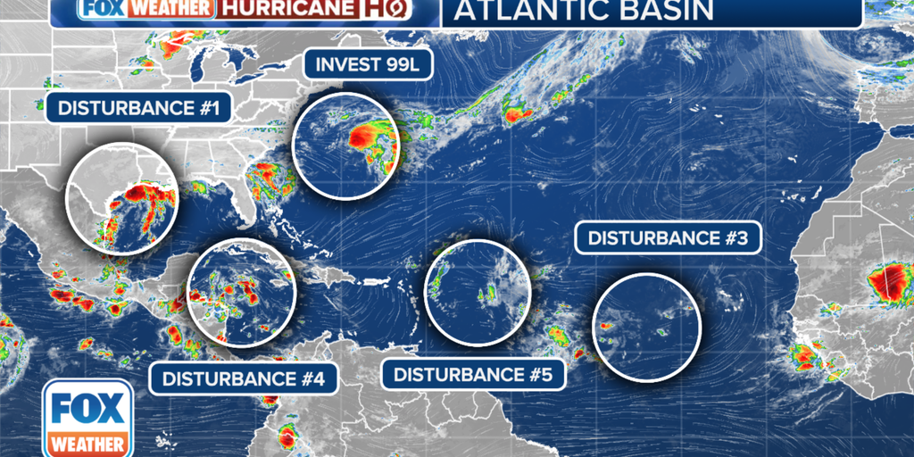 Invest 99L off the east coast under 5 tropical disturbances monitored for development