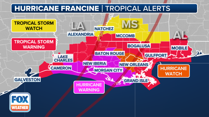 Current warnings for Hurricane Francine.