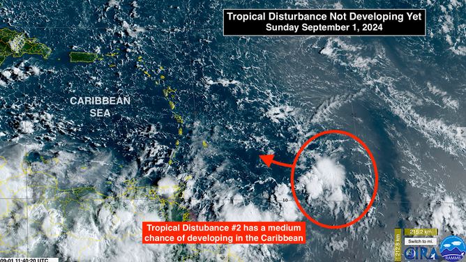 This satellite image shows a tropical disturbance east of the Lesser Antilles that's being monitored by the National Hurricane Center on Sept. 1, 2024.