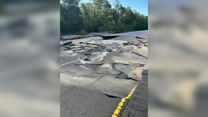 Road collapse on U.S. 17 in Brunswick County, N.C. Tuesday.