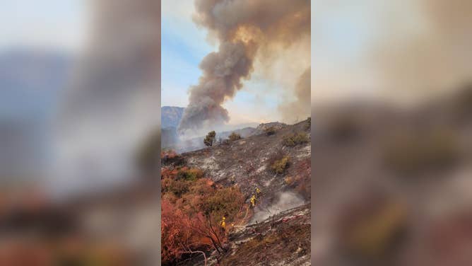 Firefighters fighting the Bridge Fire on a hillside.
