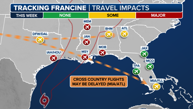 Airports with potential travel impacts from Francine.