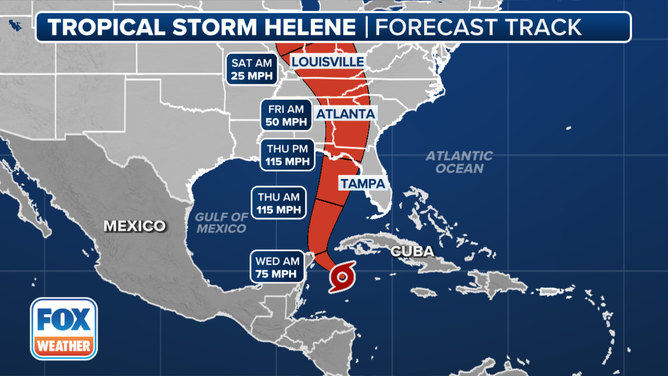 This graphic shows the forecast track for Tropical Storm Helene.