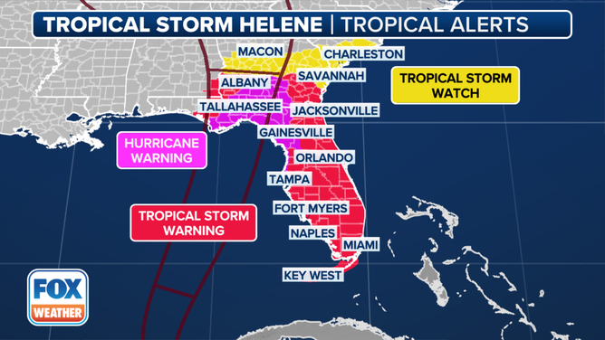 Current tropical alerts in effect for Tropical Storm Helene.