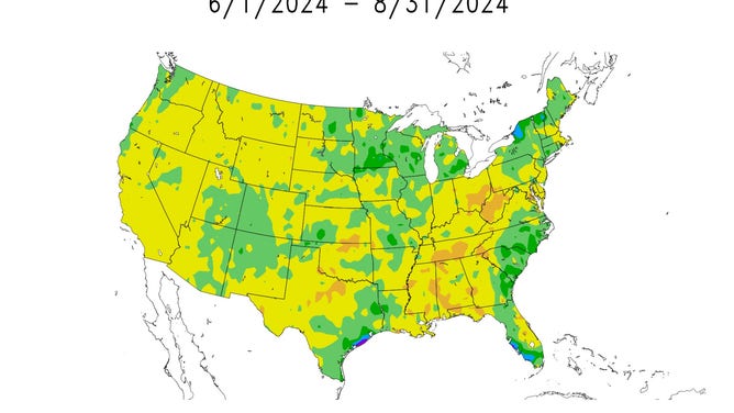 Precipitation departure from normal for summer months