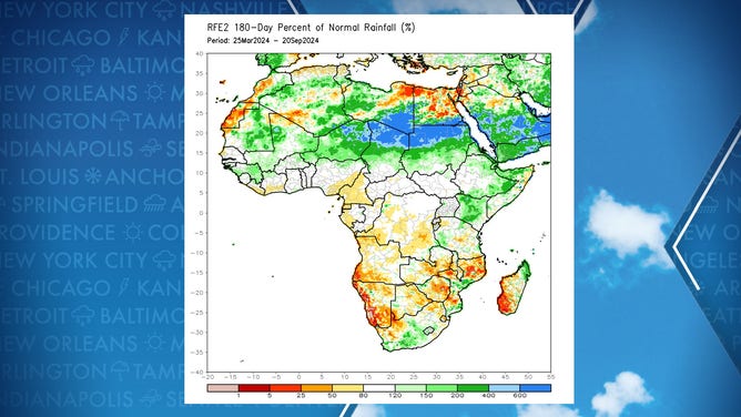 Map of precipitation anomalies over 180 days