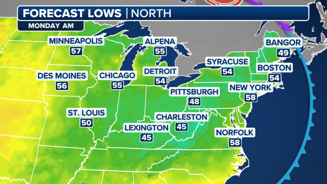 This graphic shows the forecast low temperatures on Monday, Sept. 9, 2024.