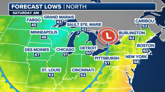 This graphic shows the forecast low temperatures on Saturday, Sept. 7, 2024.