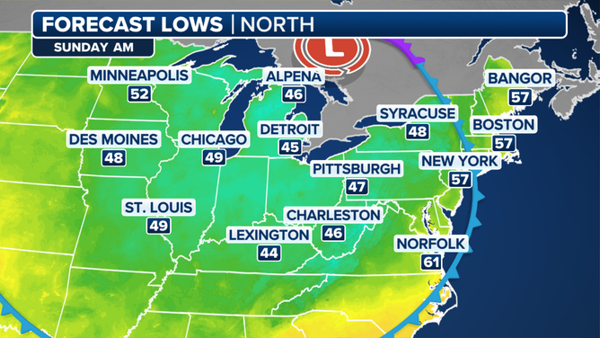 This graphic shows the forecast low temperatures on Sunday, Sept. 8, 2024.