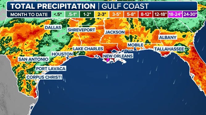 Estimated rainfall amounts along the Gulf Coast over the last month.