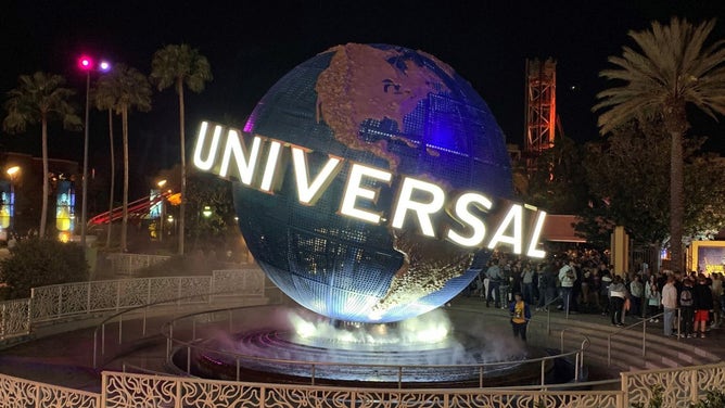 The symbolic globe rotates outside the Universal Studios theme park, part of Universal Orlando Resort.